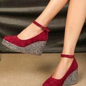 Fashionable Wedge-heeled Thick-soled Shoes In Red VelvetWorn one time